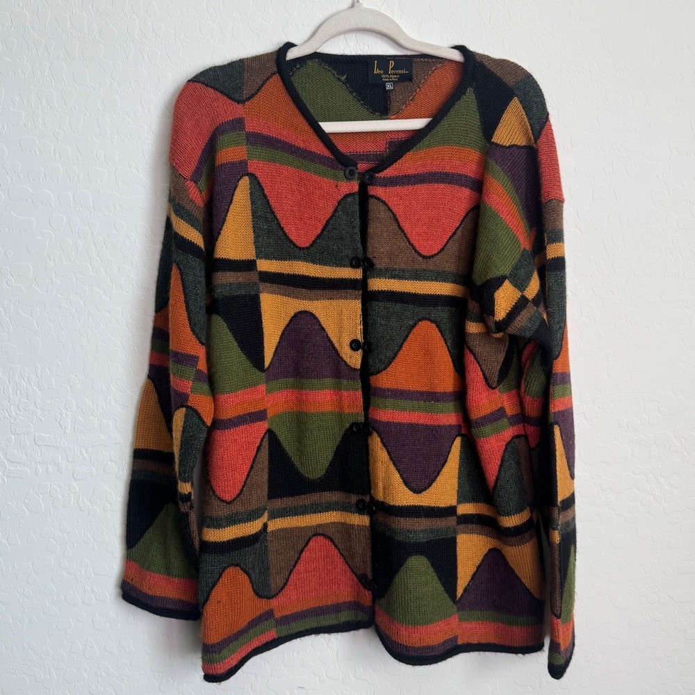 Leo Peressi Womens XL 100% Alpaca Cardigan Sweater Geometric Abstract Peru VTG